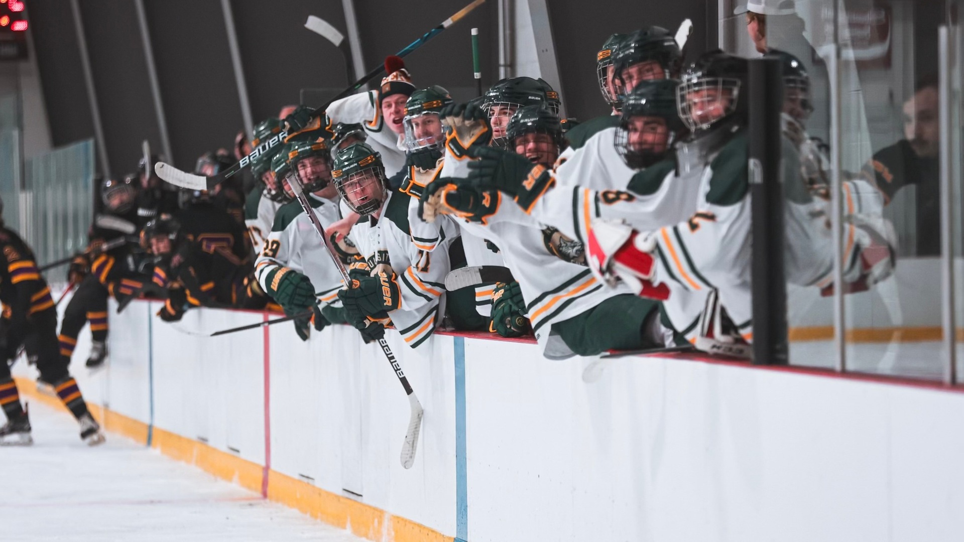 The PSC men's hockey team's bench celebrates after scoring in a recent game (Mercedes Rideout photo). Thumbnail