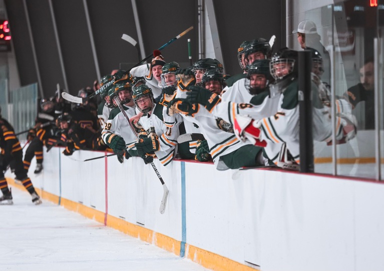 The PSC men's hockey team's bench celebrates after scoring in a recent game (Mercedes Rideout photo).