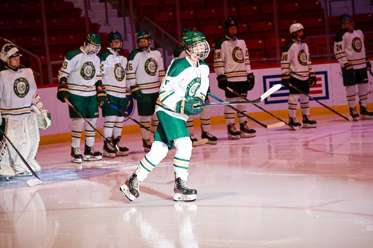Captain Dylan Jannarone skates out to the blue line during intros of the first-ever game of the First Annual Burning Leaves Tournament held at the 1980 Herb Brooks Arena (Mercedes Rideout photo).