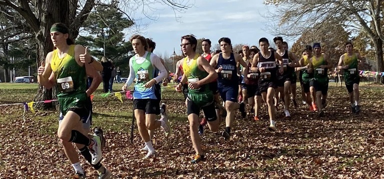 Eliot Soderholm (left) and Tyler Kirschbaum (center) pace the field in the YSCC Cross Country Championships held over the weekend (Jim Tucker photo).