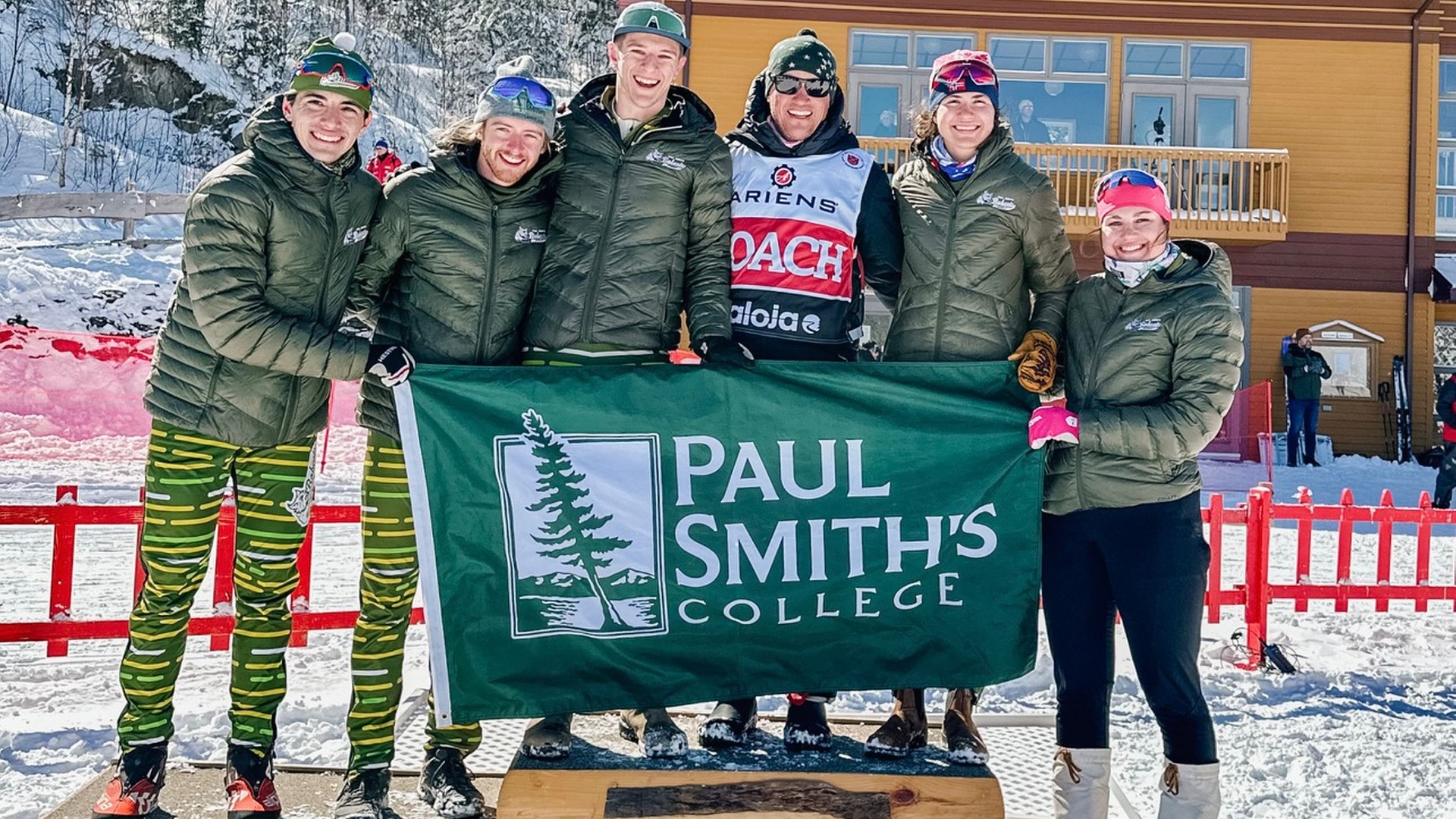 The Paul Smith's College biathlon team celebrates after winning the 2024 US Biathlon Collegiate National Championship. Thumbnail