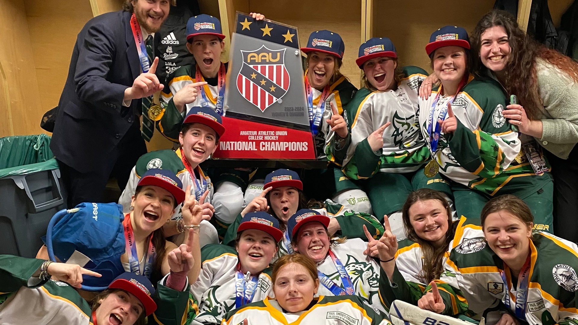 The Paul Smith's College women's hockey team celebrates after winning the 2024 AAU College Hockey Women's National Championship. Thumbnail